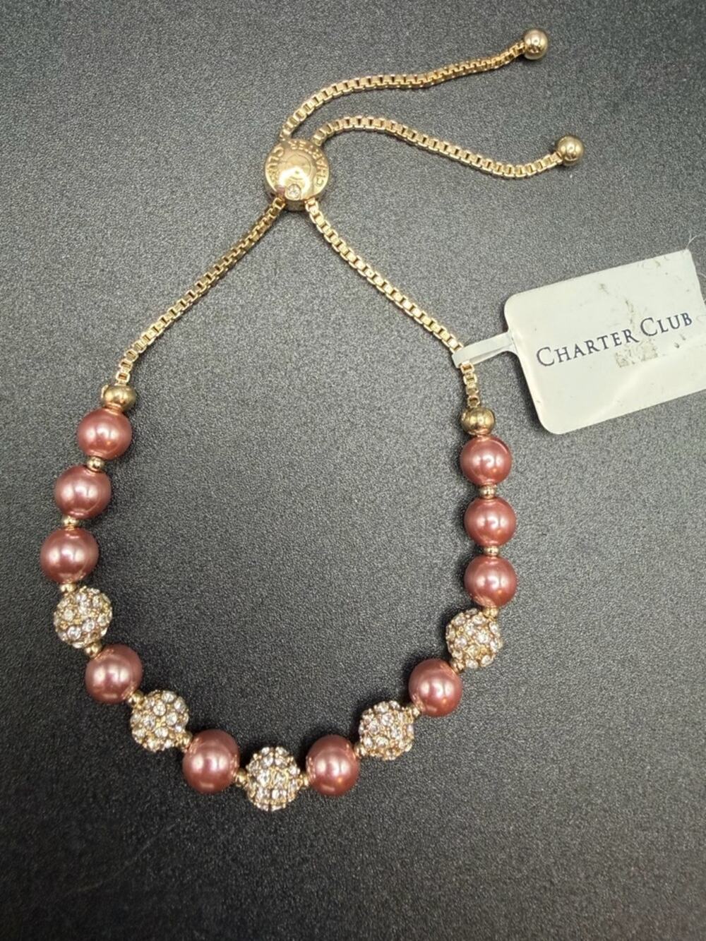 Charter Club Adjustable bracelet #K59 blush rhinestone gold tone NWT new w tag!